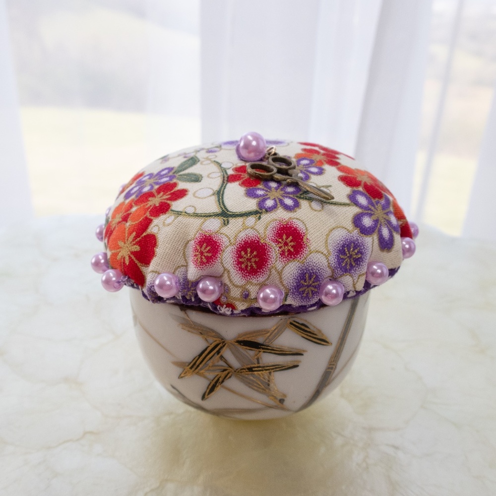 Oriental Style Pincushion Upcycled Rice Bowl With Bamboo Motif Handmade NWOT